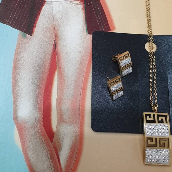 Gold Metal Crystals Necklace And Earrings Set Fashion Women Jewelry Accessory - Picture 2 of 6